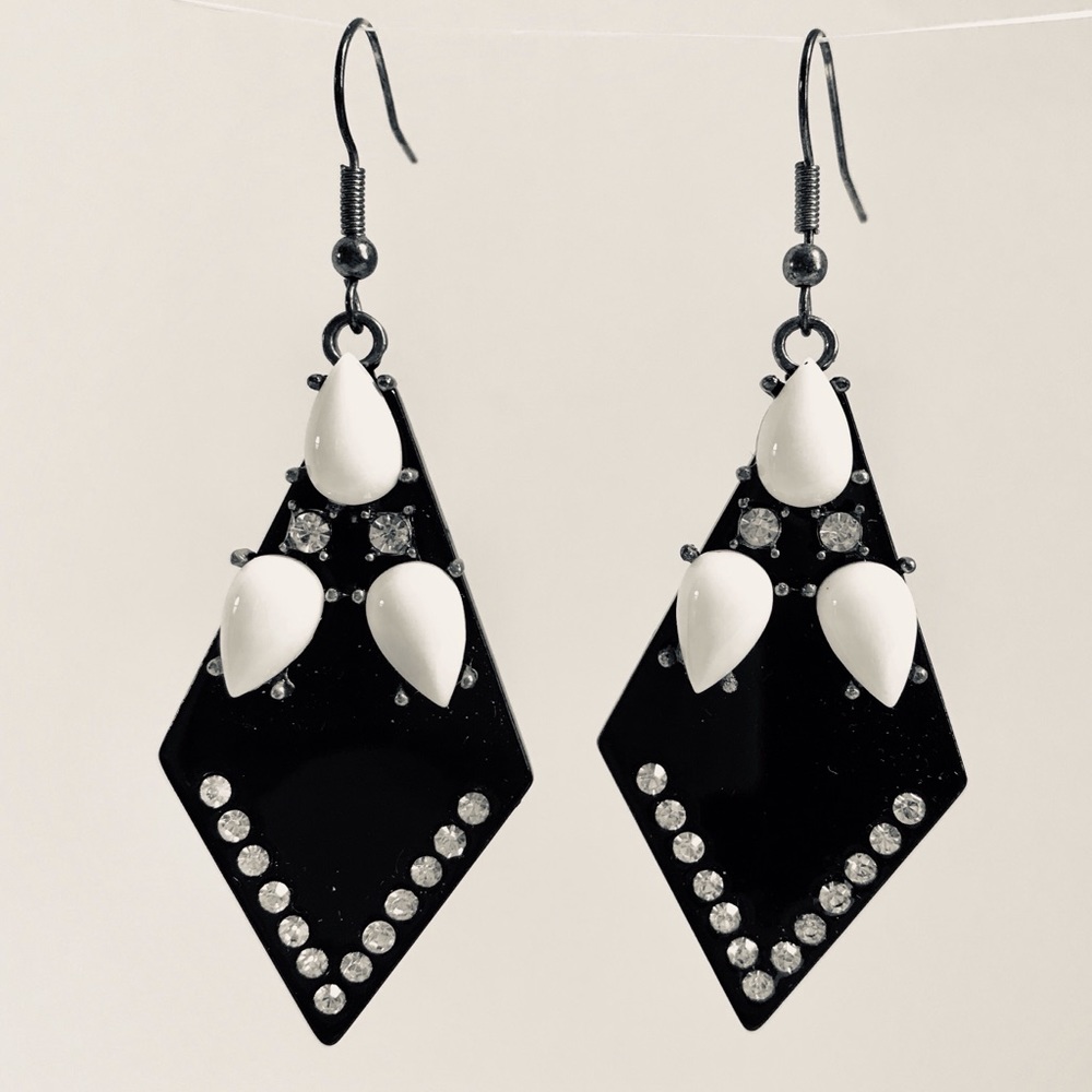 Black, Rhinestones, and White Bead Earrings